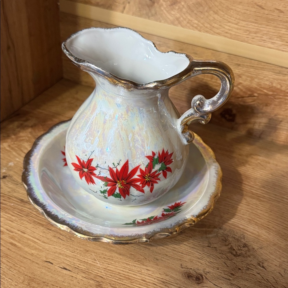 VTG Festive poinsettias Pitcher and Saucer with Gold Trim